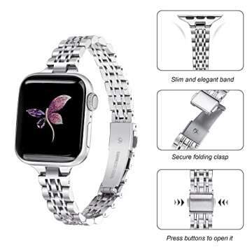 Secbolt Stainless Steel Slim Bands Compatible with Apple Watch 38mm 40mm 41mm iWatch Series 9/8/7/6/5/4/3/2/1/SE, Thin Bracelet for Women, Silver