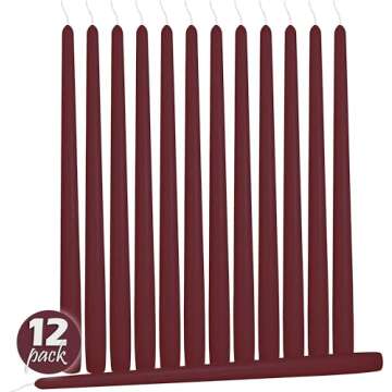 12 Pack Tall Taper Candles - 12 Inch Burgundy Dripless, Unscented Dinner Candle - Paraffin Wax with ...