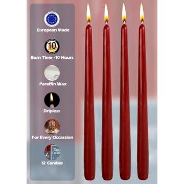 12 Pack Tall Taper Candles - 12 Inch Burgundy Dripless, Unscented Dinner Candle - Paraffin Wax with Cotton Wicks - 10 Hour Burn Time