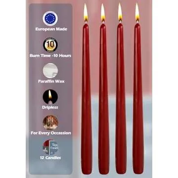 12 Pack Tall Taper Candles - 12 Inch Burgundy Dripless, Unscented Dinner Candle - Paraffin Wax with Cotton Wicks - 10 Hour Burn Time