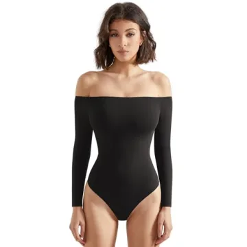 SUUKSESS Women Off the Shoulder Long Sleeve Bodysuit Top Double Lined Sexy Thong Bodysuits Shirts (B...