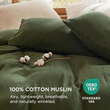 Bedsure 100% Muslin Cotton Duvet Cover Queen Size - Ultra-Soft, Breathable & Lightweight - Linen Like Gauze Comforter Cover Set with Button Closure and Corner Ties (Olive Green, Queen, 90"x90")