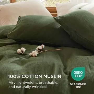 Bedsure 100% Muslin Cotton Duvet Cover Queen Size - Ultra-Soft, Breathable & Lightweight - Linen Like Gauze Comforter Cover Set with Button Closure and Corner Ties (Olive Green, Queen, 90"x90")
