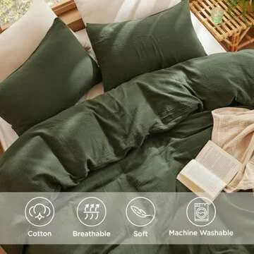 Bedsure 100% Muslin Cotton Duvet Cover Queen Size - Ultra-Soft, Breathable & Lightweight - Linen Like Gauze Comforter Cover Set with Button Closure and Corner Ties (Olive Green, Queen, 90"x90")
