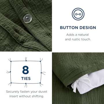 Bedsure 100% Muslin Cotton Duvet Cover Queen Size - Ultra-Soft, Breathable & Lightweight - Linen Like Gauze Comforter Cover Set with Button Closure and Corner Ties (Olive Green, Queen, 90"x90")