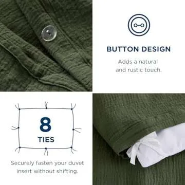 Bedsure 100% Muslin Cotton Duvet Cover Queen Size - Ultra-Soft, Breathable & Lightweight - Linen Like Gauze Comforter Cover Set with Button Closure and Corner Ties (Olive Green, Queen, 90"x90")