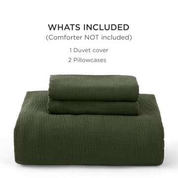 Bedsure 100% Muslin Cotton Duvet Cover Queen Size - Ultra-Soft, Breathable & Lightweight - Linen Like Gauze Comforter Cover Set with Button Closure and Corner Ties (Olive Green, Queen, 90"x90")