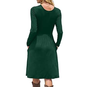 DB MOON Women Casual Long Sleeve Dresses Knee Length Loose Dark Green Dress with Pockets M