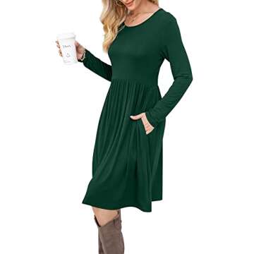 DB MOON Women Casual Long Sleeve Dresses Knee Length Loose Dark Green Dress with Pockets M