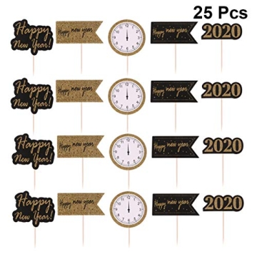 Amosfun 25pcs Happy New Year Cake Toppers for Parties