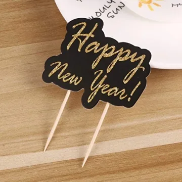 Amosfun 25pcs Happy New Year Cake Toppers for Parties