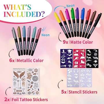 SUSIKEKI Temporary Tattoo Markers for Skin, 15 Colors Tattoo Pen + 50 Paint Stencils + 43 Tattoos Stickers, Glitter & Matte & Neon Glow Body Marker Set, Removable Fake Tattoos Kit for Teens and Adult