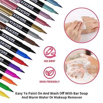 SUSIKEKI Temporary Tattoo Markers for Skin, 15 Colors Tattoo Pen + 50 Paint Stencils + 43 Tattoos Stickers, Glitter & Matte & Neon Glow Body Marker Set, Removable Fake Tattoos Kit for Teens and Adult