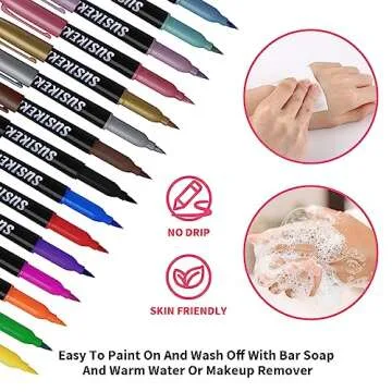 SUSIKEKI Temporary Tattoo Markers for Skin, 15 Colors Tattoo Pen + 50 Paint Stencils + 43 Tattoos Stickers, Glitter & Matte & Neon Glow Body Marker Set, Removable Fake Tattoos Kit for Teens and Adult