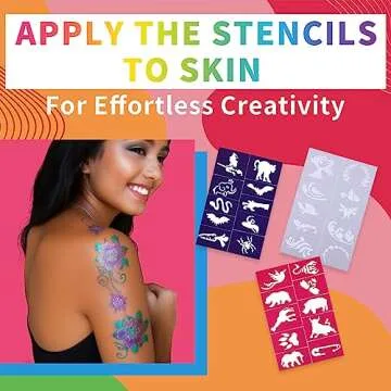 SUSIKEKI Temporary Tattoo Markers for Skin, 15 Colors Tattoo Pen + 50 Paint Stencils + 43 Tattoos Stickers, Glitter & Matte & Neon Glow Body Marker Set, Removable Fake Tattoos Kit for Teens and Adult