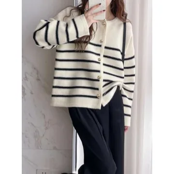 GORGLITTER Women's Button Down Colorful Cardigan Sweater Long Sleeve Casual Knit Outwear Beige Striped Small