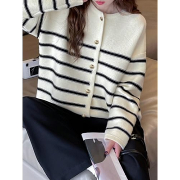 GORGLITTER Women's Button Down Colorful Cardigan Sweater Long Sleeve Casual Knit Outwear Beige Striped Small