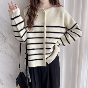 GORGLITTER Women's Button Down Colorful Cardigan Sweater Long Sleeve Casual Knit Outwear Beige Striped Small