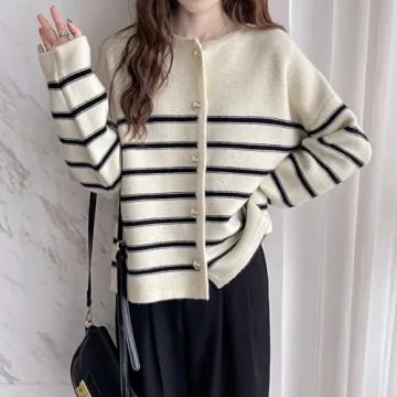 GORGLITTER Women's Button Down Colorful Cardigan Sweater Long Sleeve Casual Knit Outwear Beige Striped Small