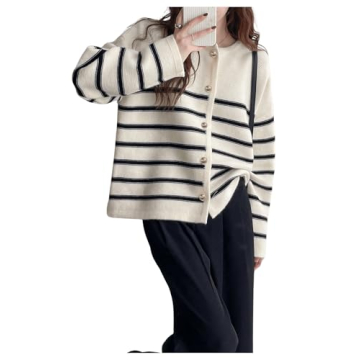 GORGLITTER Women's Button Down Colorful Cardigan Sweater Long Sleeve Casual Knit Outwear Beige Striped Small