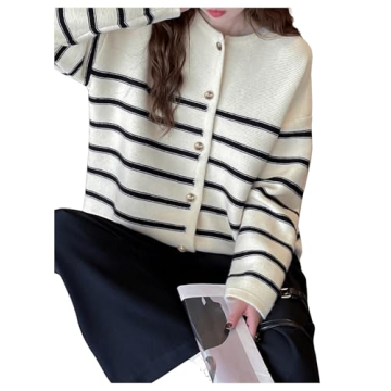 GORGLITTER Women's Button Down Colorful Cardigan Sweater Long Sleeve Casual Knit Outwear Beige Striped Small