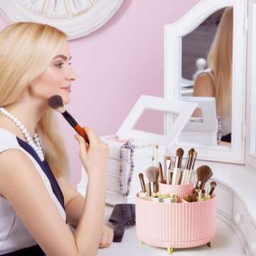 Diesisa Makeup Brush Holder Organizer,360° Rotating Makeup Brush Organizer,5 Slot Make up Brushes Cup for Cosmetics, Nail Polish, Art Supply, Bathroom Vanity Desktop Organizer - Pink