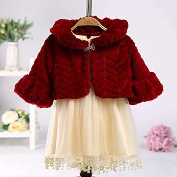 BKSKK Flower Girl Faux Fur Wraps Cape Long Sleeves Girls Shawls Kids First Communion Cozy Princess Coats Cape Bolero Shrug Burgundy 6Y