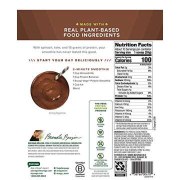 Vega Protein Smoothie, Chocolate, Plant Based Protein Powder - Vegan Protein Powder, Keto-Friendly, ...