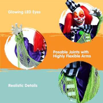 JOYIN 65” Halloween Animatronics Colorful Standing Clown Decoration, Life Size Clown with Motion & Light & Sound (Sound Activated), Animated Decor for Outdoor Yard Lawn Garden Haunted House Props