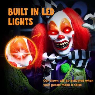 JOYIN 65” Halloween Animatronics Colorful Standing Clown Decoration, Life Size Clown with Motion & Light & Sound (Sound Activated), Animated Decor for Outdoor Yard Lawn Garden Haunted House Props