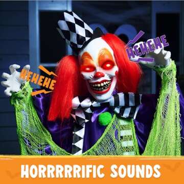 JOYIN 65” Halloween Animatronics Colorful Standing Clown Decoration, Life Size Clown with Motion & Light & Sound (Sound Activated), Animated Decor for Outdoor Yard Lawn Garden Haunted House Props