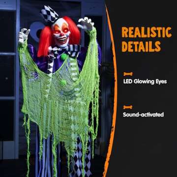 JOYIN 65” Halloween Animatronics Colorful Standing Clown Decoration, Life Size Clown with Motion & Light & Sound (Sound Activated), Animated Decor for Outdoor Yard Lawn Garden Haunted House Props