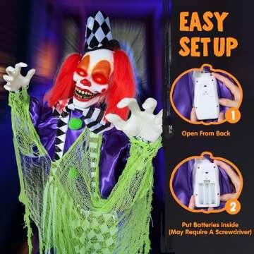 JOYIN 65” Halloween Animatronics Colorful Standing Clown Decoration, Life Size Clown with Motion & Light & Sound (Sound Activated), Animated Decor for Outdoor Yard Lawn Garden Haunted House Props