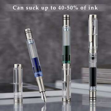 Asvine Vacuum Filling Fountain Pen Luxury Titanium Fine Point Pen V200 Series, Clear Demonstrator Sm...
