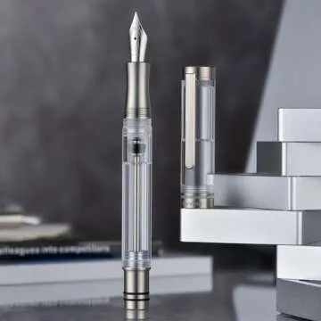 Asvine Vacuum Filling Fountain Pen Luxury Titanium Fine Point Pen V200 Series, Clear Demonstrator Smooth Writing Pen Gift Case