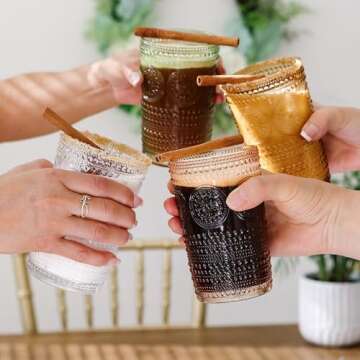 Kate Aspen Hobnail Beaded Floral Amber Drinking Glasses Set of 6, (13 oz) Vintage Glassware Set Cocktail Glass Set, Juice Glass, Water Cups | Great Hostess Gift & Gift for New Home Owners