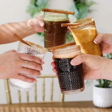 Kate Aspen Hobnail Beaded Floral Amber Drinking Glasses Set of 6, (13 oz) Vintage Glassware Set Cocktail Glass Set, Juice Glass, Water Cups | Great Hostess Gift & Gift for New Home Owners