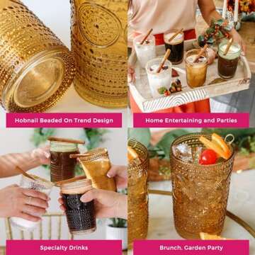 Kate Aspen Hobnail Beaded Floral Amber Drinking Glasses Set of 6, (13 oz) Vintage Glassware Set Cocktail Glass Set, Juice Glass, Water Cups | Great Hostess Gift & Gift for New Home Owners