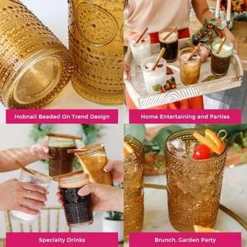 Kate Aspen Hobnail Beaded Floral Amber Drinking Glasses Set of 6, (13 oz) Vintage Glassware Set Cocktail Glass Set, Juice Glass, Water Cups | Great Hostess Gift & Gift for New Home Owners