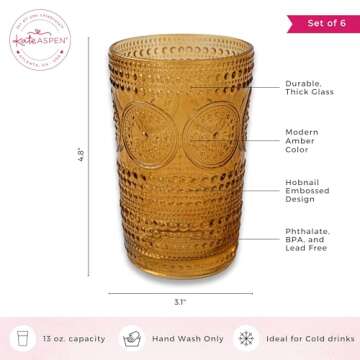 Kate Aspen Hobnail Beaded Floral Amber Drinking Glasses Set of 6, (13 oz) Vintage Glassware Set Cocktail Glass Set, Juice Glass, Water Cups | Great Hostess Gift & Gift for New Home Owners