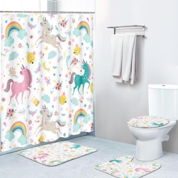Delightful Britimes 4 Piece Shower Curtain Set for Kids' Bathrooms with Unicorn Theme