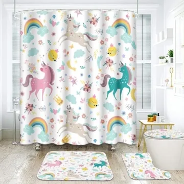Britimes Unicorn Shower Curtain Set with Hooks and Rugs