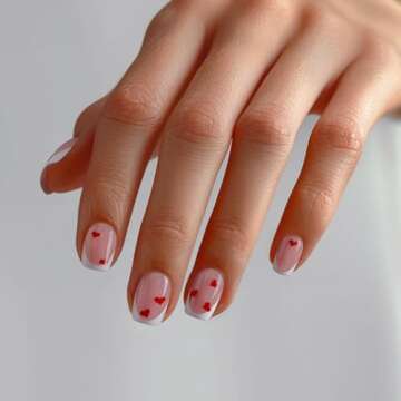 BTArtbox French Tip Press On Nails - Short Square Press On Nails with Hearts, Pink Glue On Nails, Re...