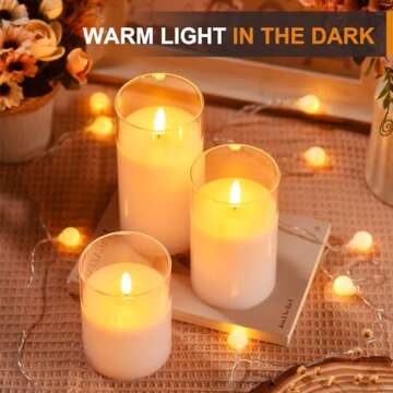 Glass Battery Operated LED Pillar Flameless Candles with10-Key Remote and Timer, Real Wax Candles Warm Color Wick Flickering Light for Festival Wedding bar Cafe Home Party Decor(Pack of 3)-Lvory White