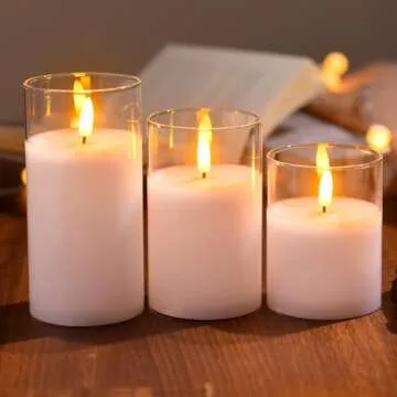 Glass Battery Operated LED Pillar Flameless Candles with10-Key Remote and Timer, Real Wax Candles Warm Color Wick Flickering Light for Festival Wedding bar Cafe Home Party Decor(Pack of 3)-Lvory White