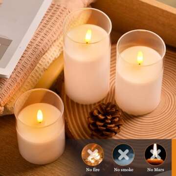 Glass Battery Operated LED Pillar Flameless Candles with10-Key Remote and Timer, Real Wax Candles Warm Color Wick Flickering Light for Festival Wedding bar Cafe Home Party Decor(Pack of 3)-Lvory White