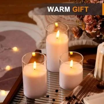 Glass Battery Operated LED Pillar Flameless Candles with10-Key Remote and Timer, Real Wax Candles Warm Color Wick Flickering Light for Festival Wedding bar Cafe Home Party Decor(Pack of 3)-Lvory White