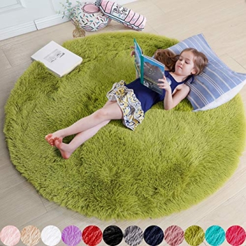Grass Green Fluffy Round Rug for Kids Room 4'X4'