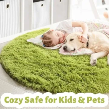 Grass Green Fluffy Round Rug for Kids Room 4'X4'