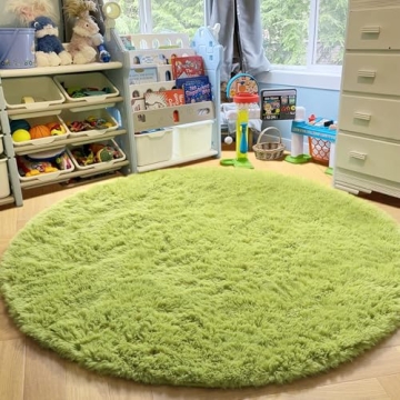 Grass Green Fluffy Round Rug for Kids Room 4'X4'